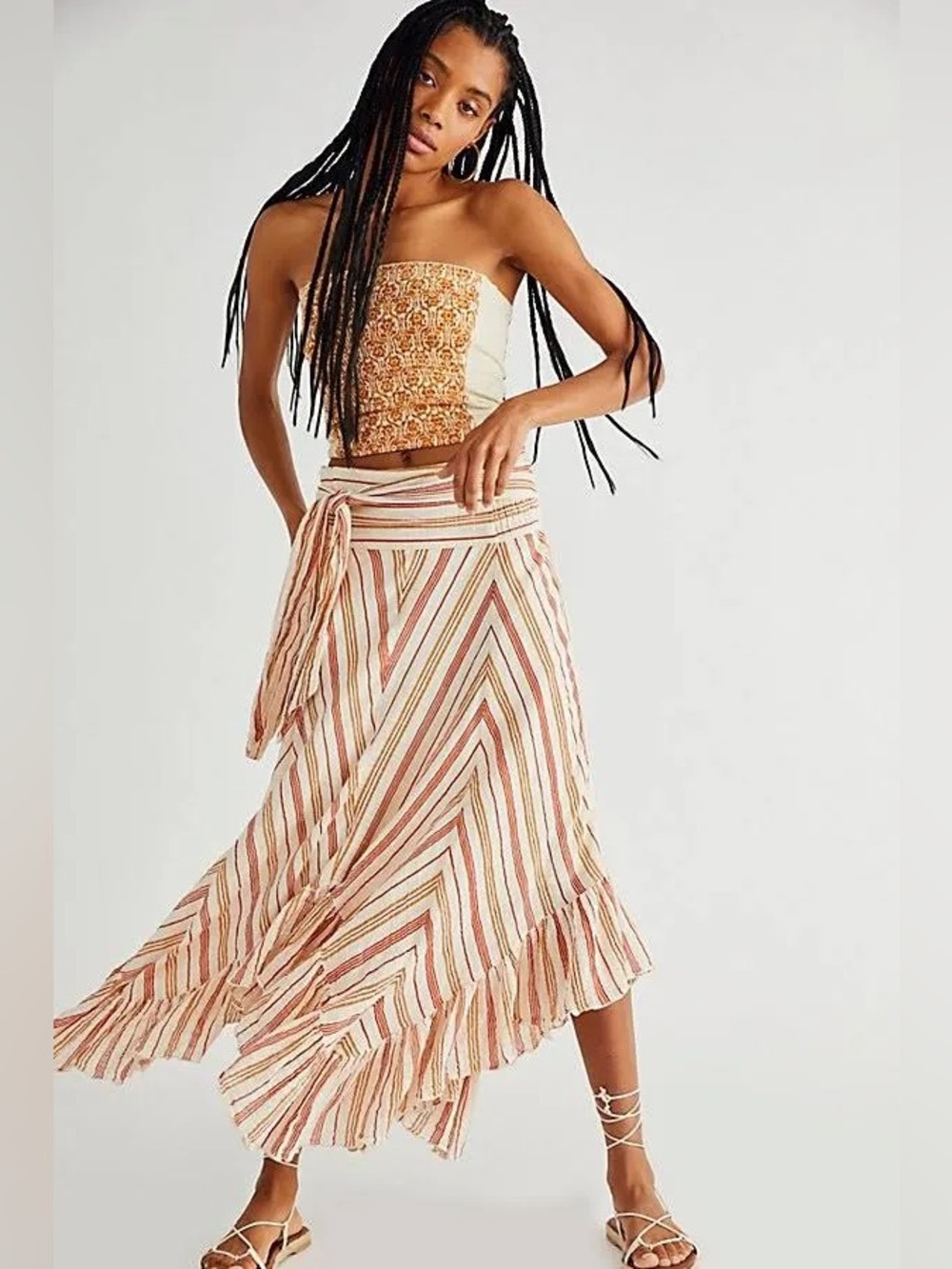 Free People Giselle Skirt in Ivory FP One Striped Tie-Waist in Cream + Rust